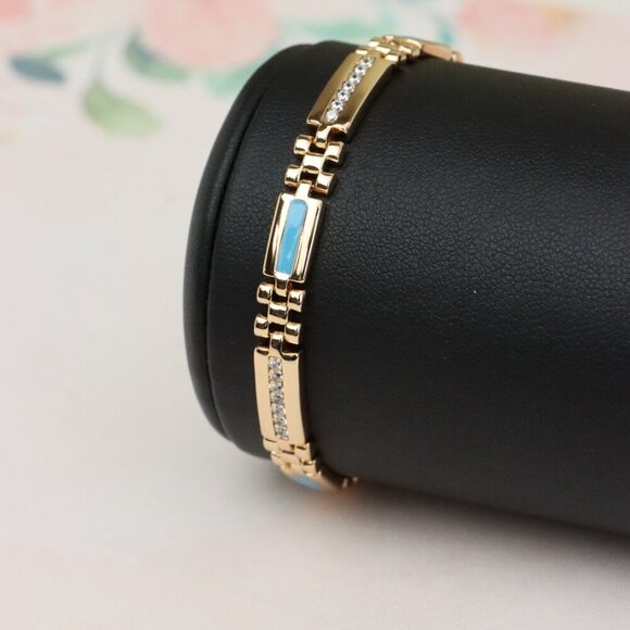 "Elegant Rose Gold Bracelet with Blue Enamel and CZ Accent Links, XPBL0738 - Picture 10 of 12